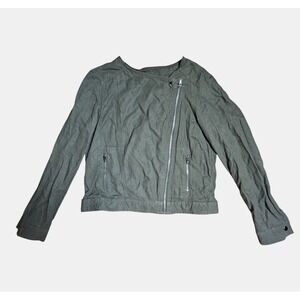 Gap Linen Blend Asymmetrical Zip Cropped Moto Jacket‎ M Olive Punk Rebel Biker
